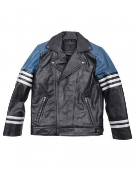 Men’s Classic Black and Blue Striped Leather Biker Jacket