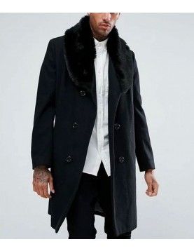 Men’s Double Breasted Black Overcoat with Faux Fur Trim