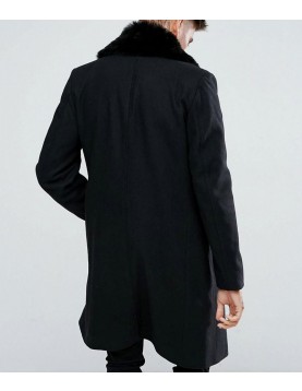 Men’s Double Breasted Black Overcoat with Faux Fur Trim