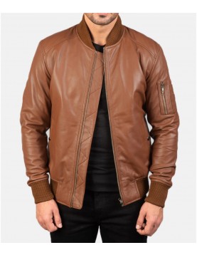 Men’s MA-1 Flight Brown Leather Bomber Jacket