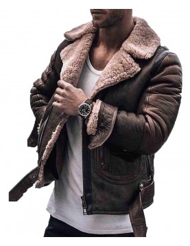 Men’s Street Style Brown Shearling Leather Jacket