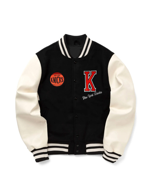 NY Knicks Black and Off-White Varsity Jacket