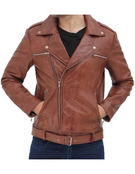 Negan Mens Brown Leather Motorcycle Jacket