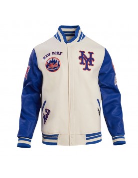 New York Mets Retro Classic Off White &amp; Blue Varsity Jacket