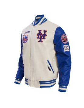 New York Mets Retro Classic Off White &amp; Blue Varsity Jacket