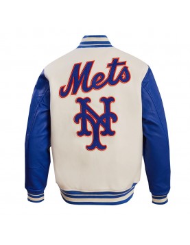 New York Mets Retro Classic Off White &amp; Blue Varsity Jacket