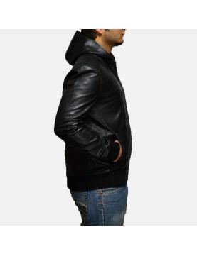 Nintenzo Black Hooded Leather Jacket