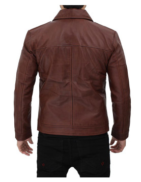 Reeves Brown Shirt Collar Front Zip Men Stylish Pebbled Leather Jacket