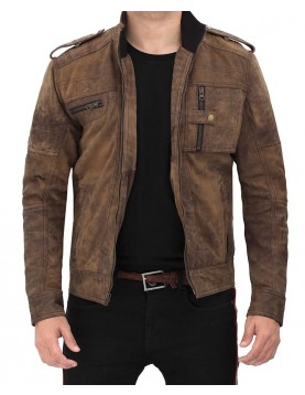 Tavares Distressed Cafe Racer Brown Leather Jacket