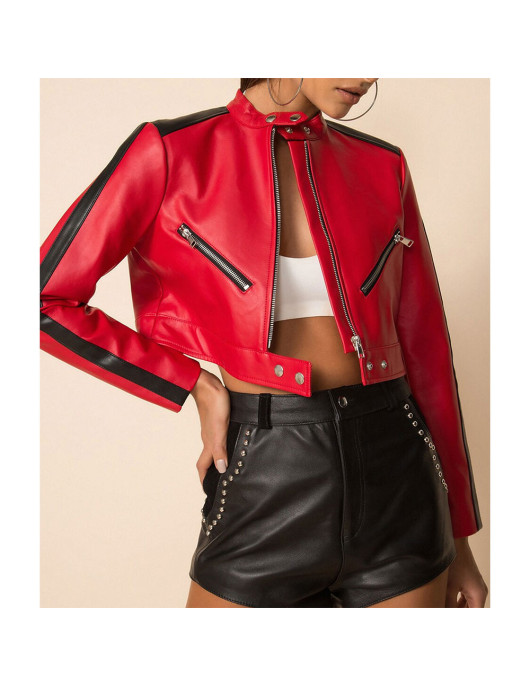 Thandi Cropped Racer Red Leather Jacket