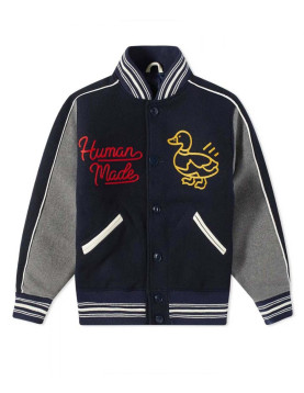 Varsity Human Made Duck Navy Blue and Grey Wool Jacket