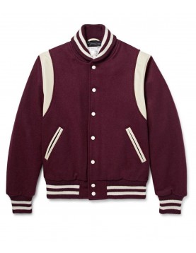 Virgin Leather Trimmed Wool Bomber Burgundy Teddy Jacket