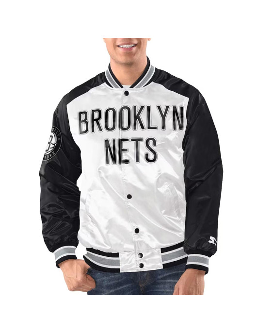 White/Black Brooklyn Nets Renegade Varsity Satin Jacket