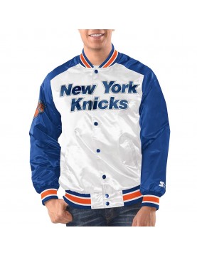 White/Blue New York Knicks Renegade Varsity Satin Jacket