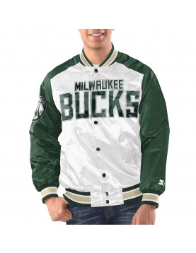 White/Hunter Green Milwaukee Bucks Renegade Varsity Satin Jacket