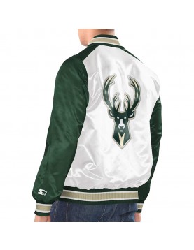 White/Hunter Green Milwaukee Bucks Renegade Varsity Satin Jacket