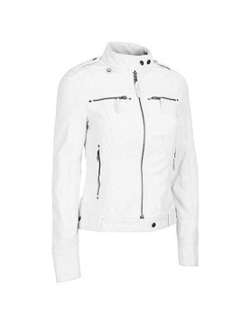 White Zipper Pockets Leather Jacket