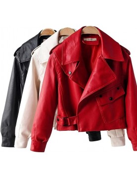 Women's Spring Fashion Retro Long Sleeve Washed PU Leather Solid Color Jacket