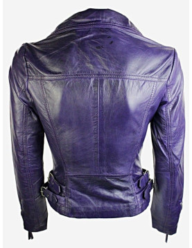 Womens Short Fitted Leather Motorcycle Jacket Purple