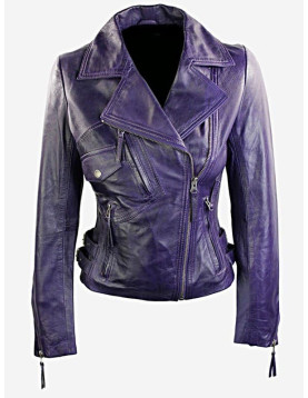 Womens Short Fitted Leather Motorcycle Jacket Purple