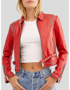 Womens Studded Red Cropped Leather Jacket