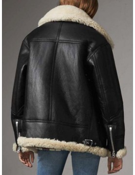 Women’s Aviator Ivory Shearling Black Leather Jacket