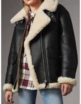 Women’s Aviator Ivory Shearling Black Leather Jacket