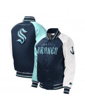 Youth Seattle Kraken Raglan Full-snap Varsity Satin Jacket