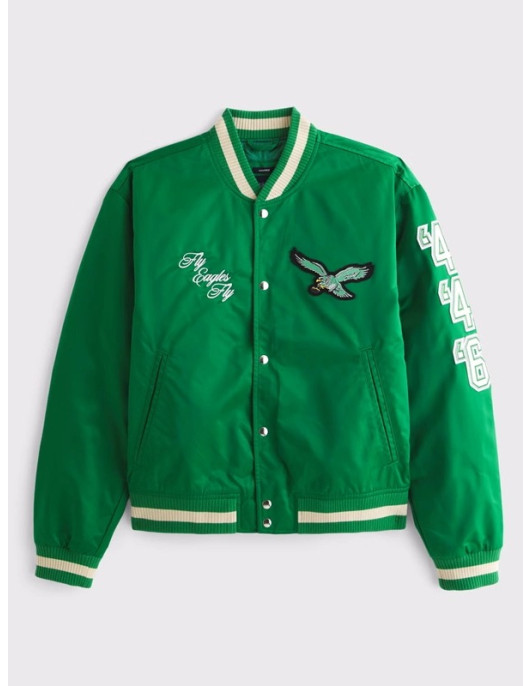 Abercrombie Chiefs Green Varsity Satin Bomber Jacket