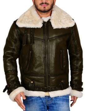 Mens Army Green Bomber Leather Jacket