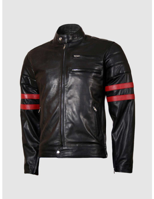 Biker Leather Jacket with Red Stripes