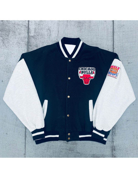 Black and White 1990’s Chicago Bulls Wool and Leather Varsity Jacket