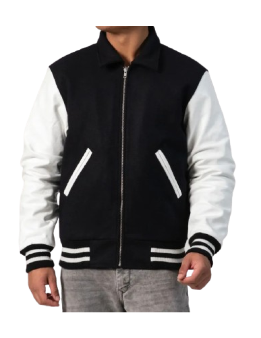 Black Body & White Leather Sleeves Letterman Jacket With Byron Collar and Zipper