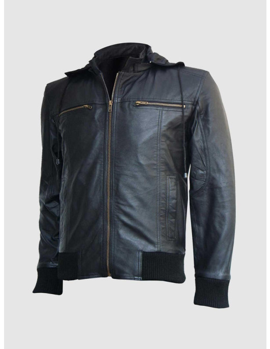 Black Hooded Leather Bomber Jacket