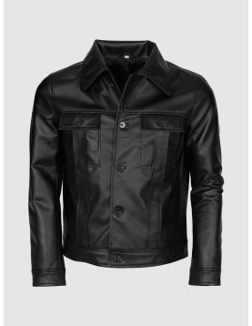 Black Leather Jacket for Men with Folded Collar