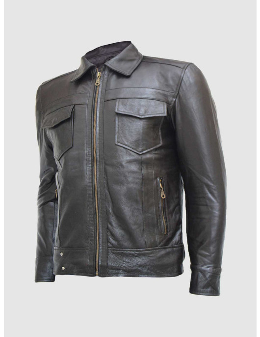 Black Leather Jacket with Classic Zipper