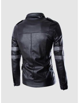 Black Leather Jacket with Grey Stripes