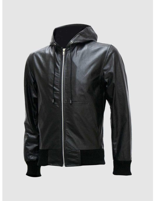 Black Leather Jacket with Hoodie