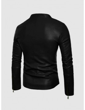 Black Leather Jacket with Small Collar