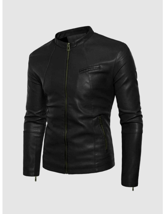 Black Leather Jacket with Small Collar