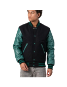 Black Melton Wool Body & Teal Leather Sleeves Letterman Jacket