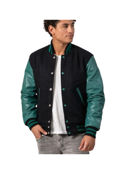 Black Melton Wool Body & Teal Leather Sleeves Letterman Jacket