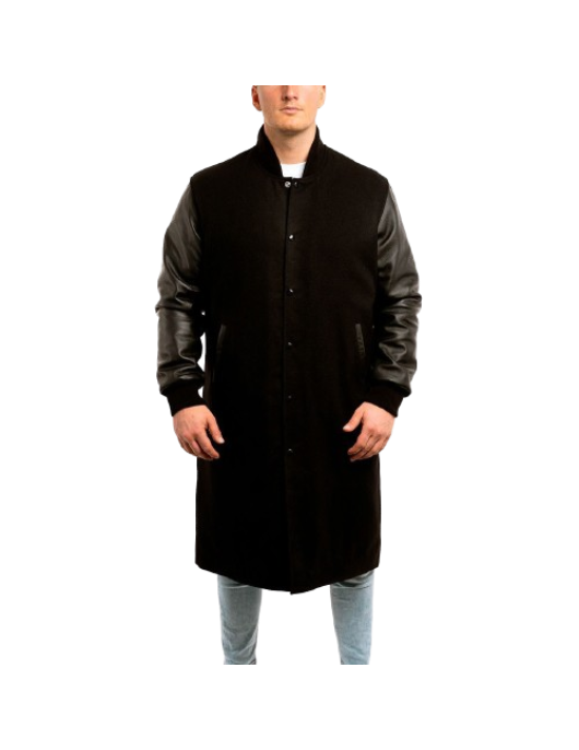 Black Wool Body & Black Leather Sleeves Letterman Coat