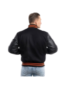 Black Wool Body & Black Leather Sleeves with Orange Stripes Letterman Jacket