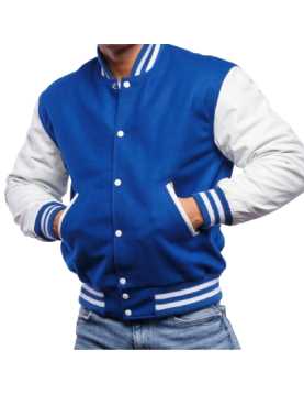 Blue Wool &amp; White Genuine Leather Varsity Letterman Jacket