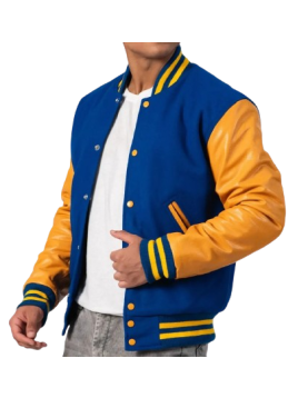 Bright Royal Body &amp; Bright Gold Leather Sleeves Letterman Jacket