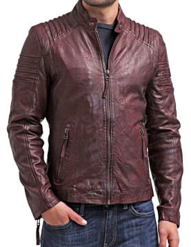 Mens Waxed Leather Cafe Racer Biker Jacket Copper Burgundy