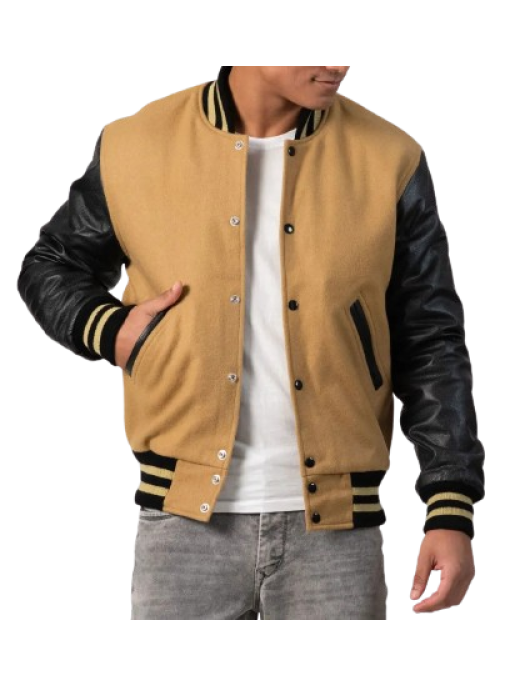 Camel Wool Body & Black Leather Sleeves Letterman Coat