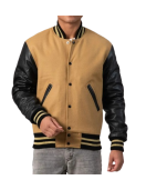 Camel Wool Body & Black Leather Sleeves Letterman Jacket