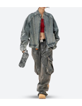 Cyberpunk Denim Zip-Up Jacket